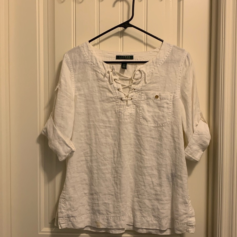 Lauren Ralph Lauren 100% Linen White 3/4 length sleeves from a smoke free home.